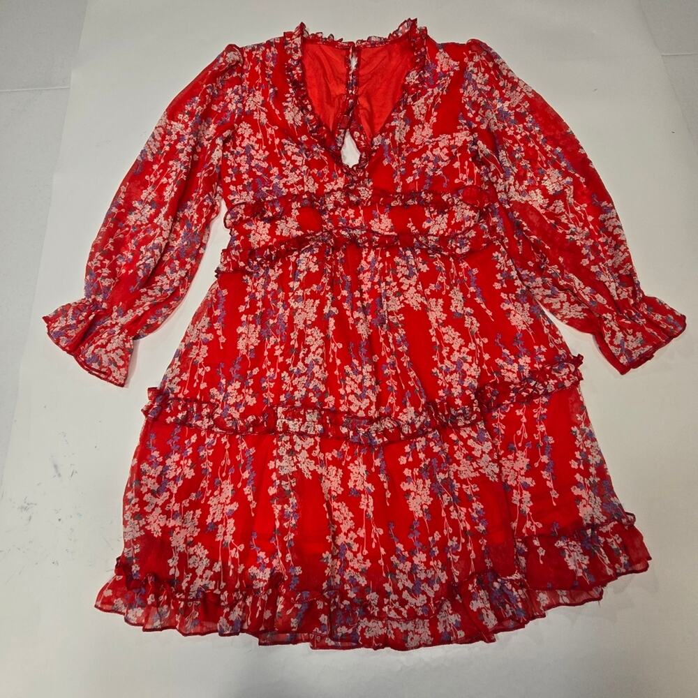 R.Vivimos Long Sleeve Floral Boho Mini Dress in Red Floral - Picture 2 of 13